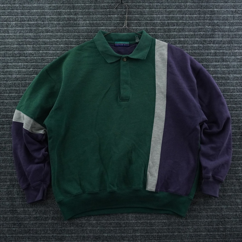 Claybrooke Colorblock Sweatshirt Mens Large Green Purple Vintage Polo Collar